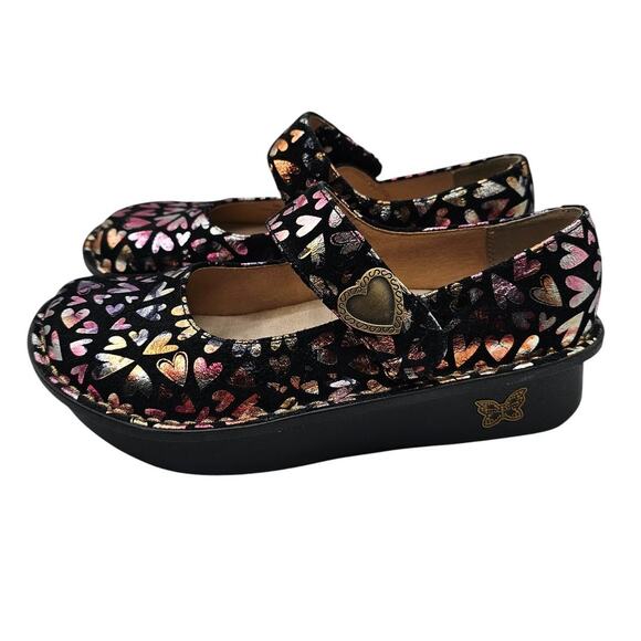 Alegria Women Sz 35 (US 5.5) Paloma Leather Mary Jane Clogs Metallic Heart Print - Picture 1 of 6